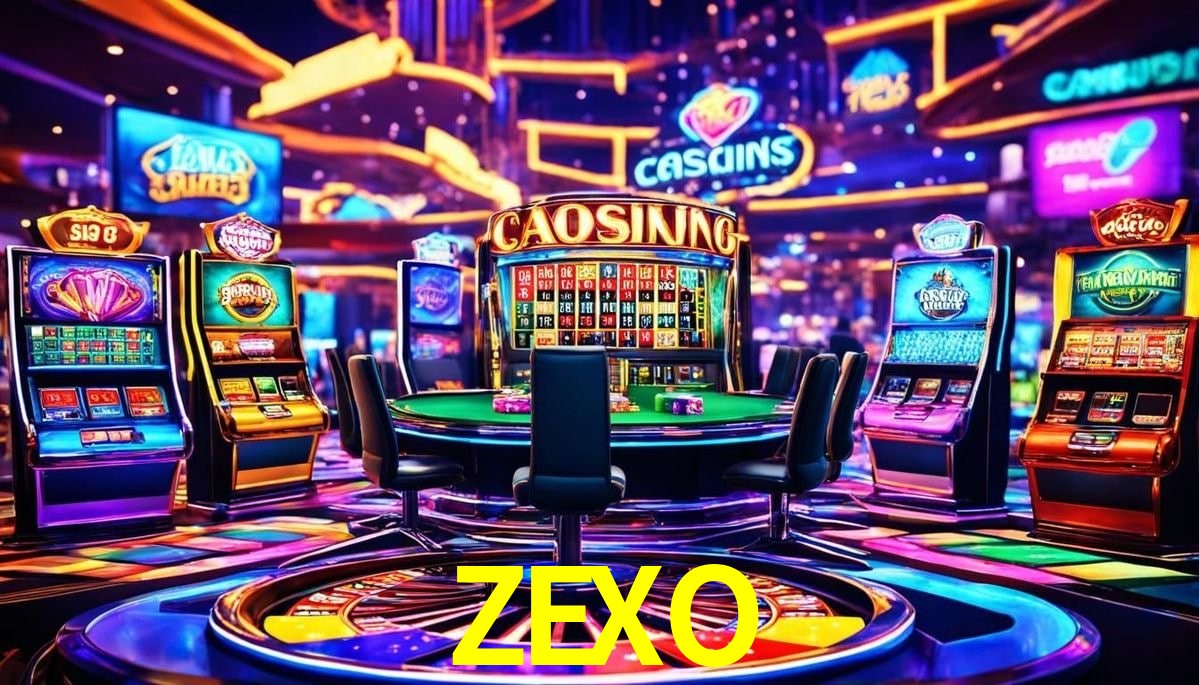 Escena dinámica inspirada en casino con iluminación ZEXO, cartas, fichas e íconos de juegos digitales en un espacio moderno de juegos.