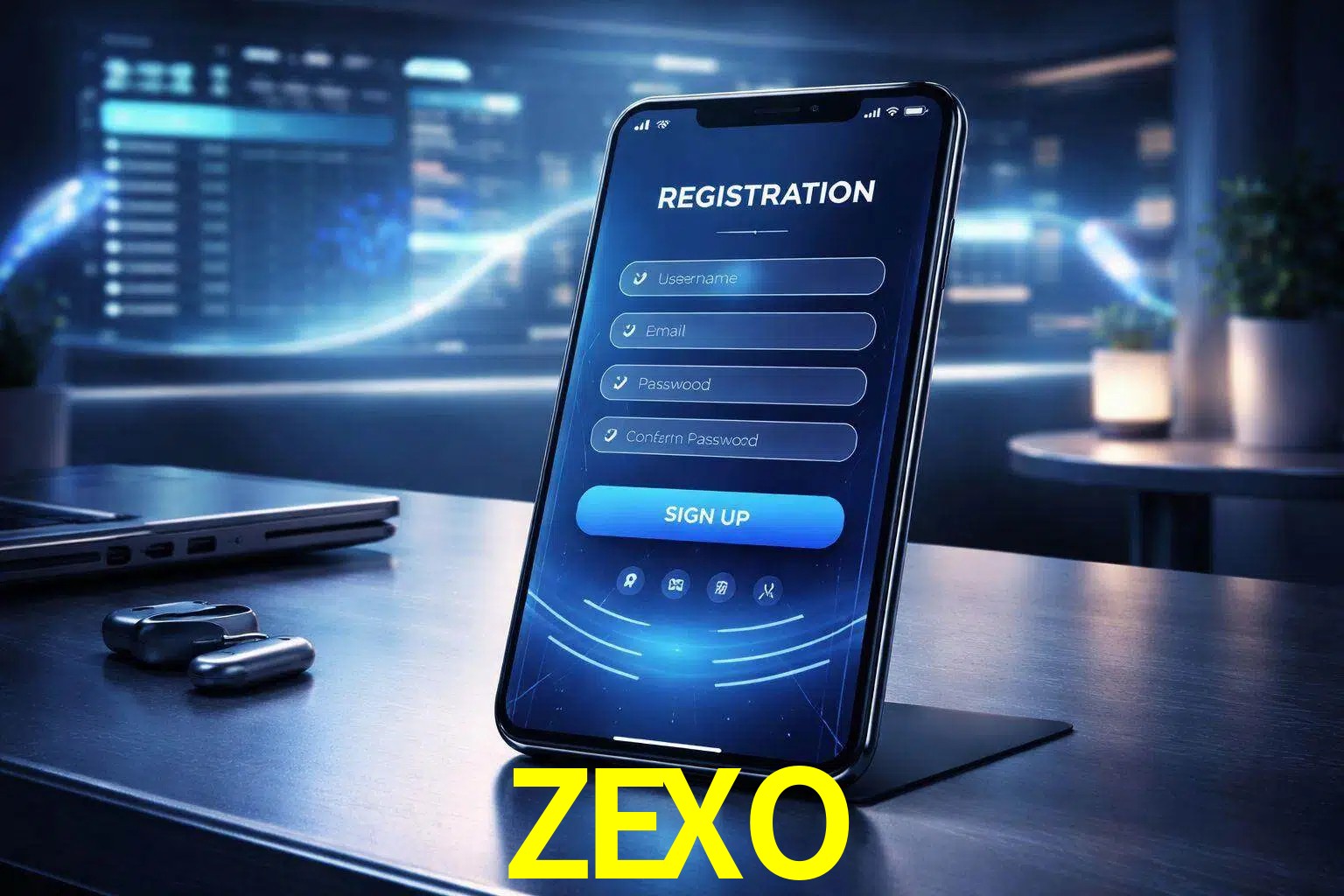 Una interfaz moderna de registro móvil para ZEXO mostrada en un smartphone con un panel de apuestas elegante.